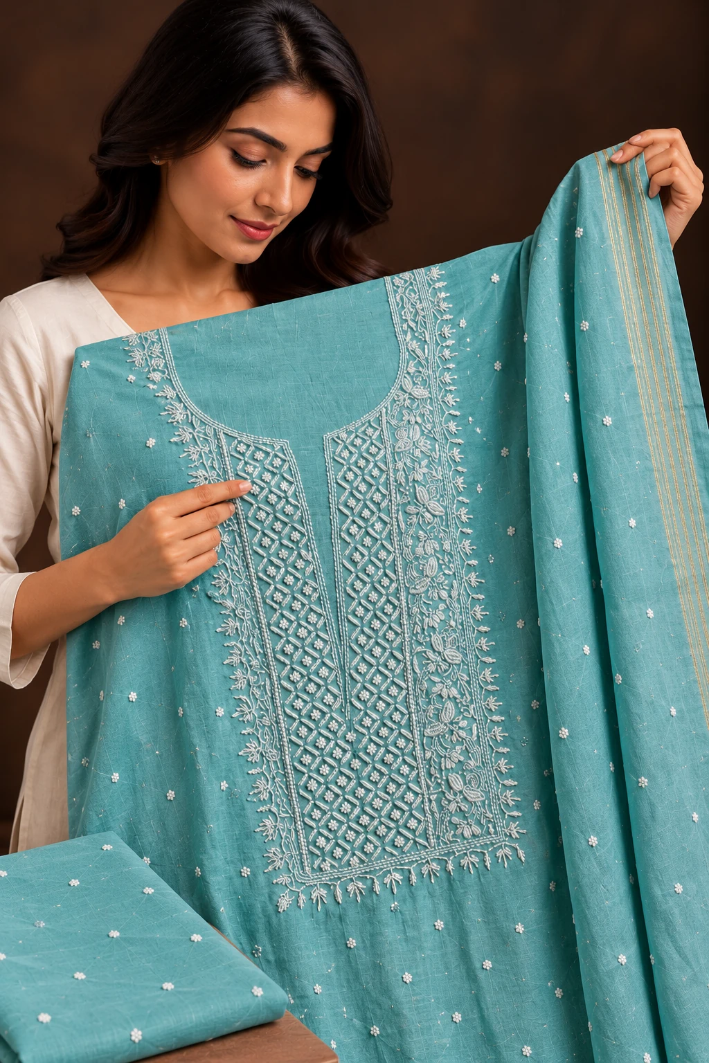 Celestial Pearl Unstitched Chikankari Suit - Mul Chanderi Chikankari by Feathers by Priya - Image 2