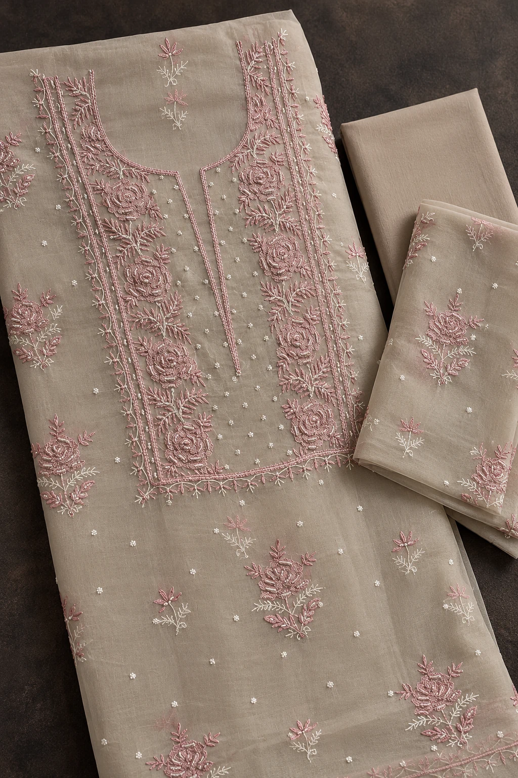 Blush Ivory Organza Pearl Unstitched Chikankari Suit - Chikankari by Feathers by Priya - Image 2