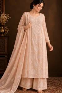 Peach Chanderi Semi-Stitched Chikankari Suit - Mul Chanderi Chikankari by Feathers by Priya