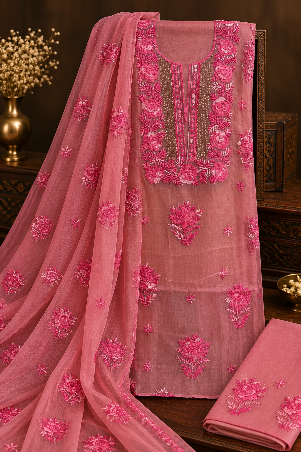 Ivory Pearl Organza Unstitched Chikankari Suit - Chikankari by Feathers by Priya - Image 4