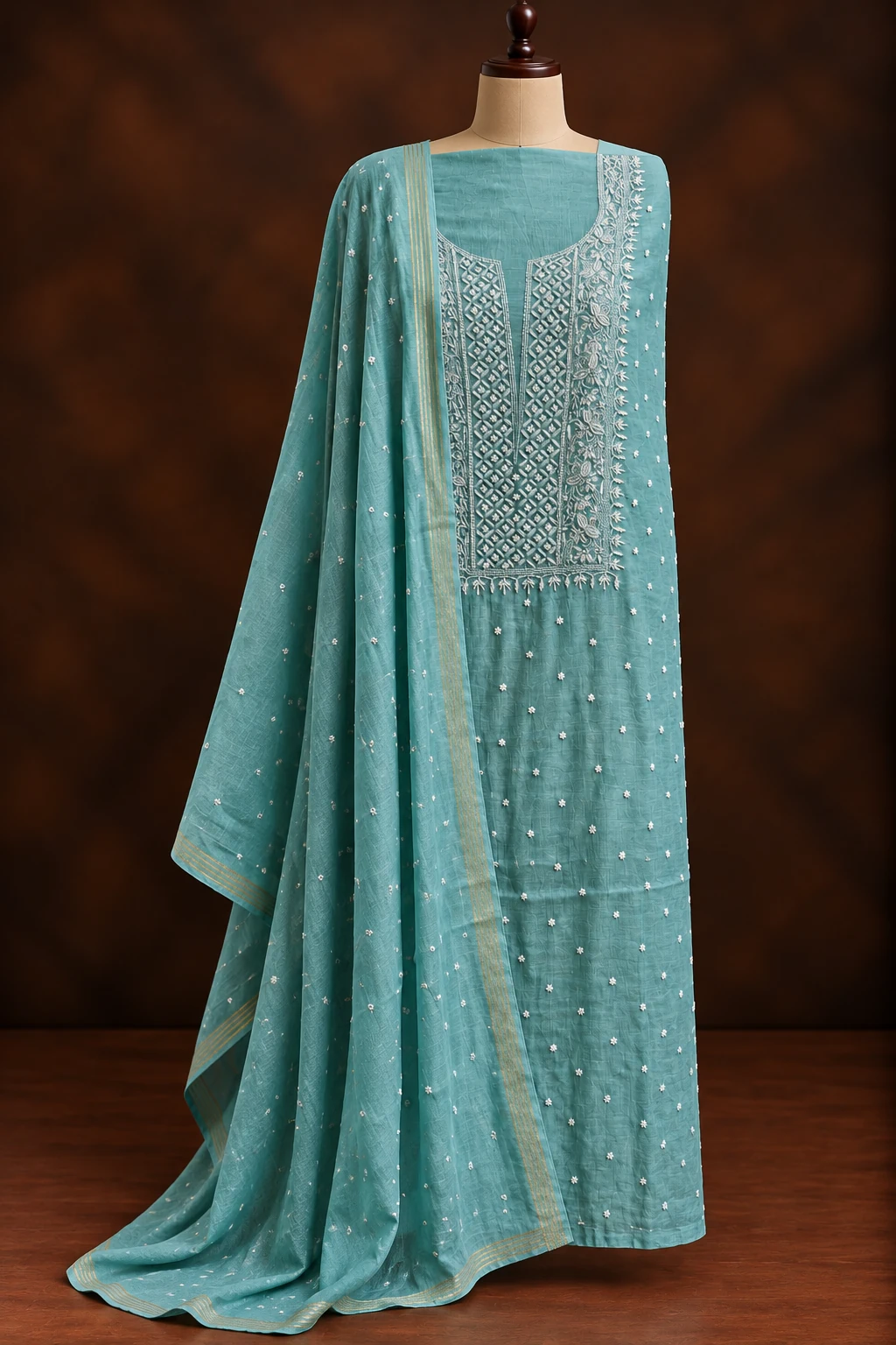 Celestial Pearl Unstitched Chikankari Suit - Mul Chanderi Chikankari by Feathers by Priya - Image 3