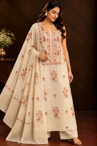 Powder Peach Mulmul Coloured Thread 3-Piece Chikankari Suit - Chikankari by Feathers by Priya