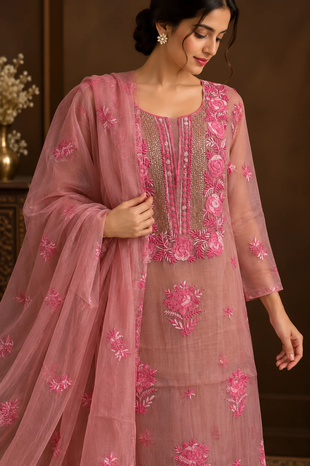 Ivory Pearl Organza Unstitched Chikankari Suit - Chikankari by Feathers by Priya - Image 3
