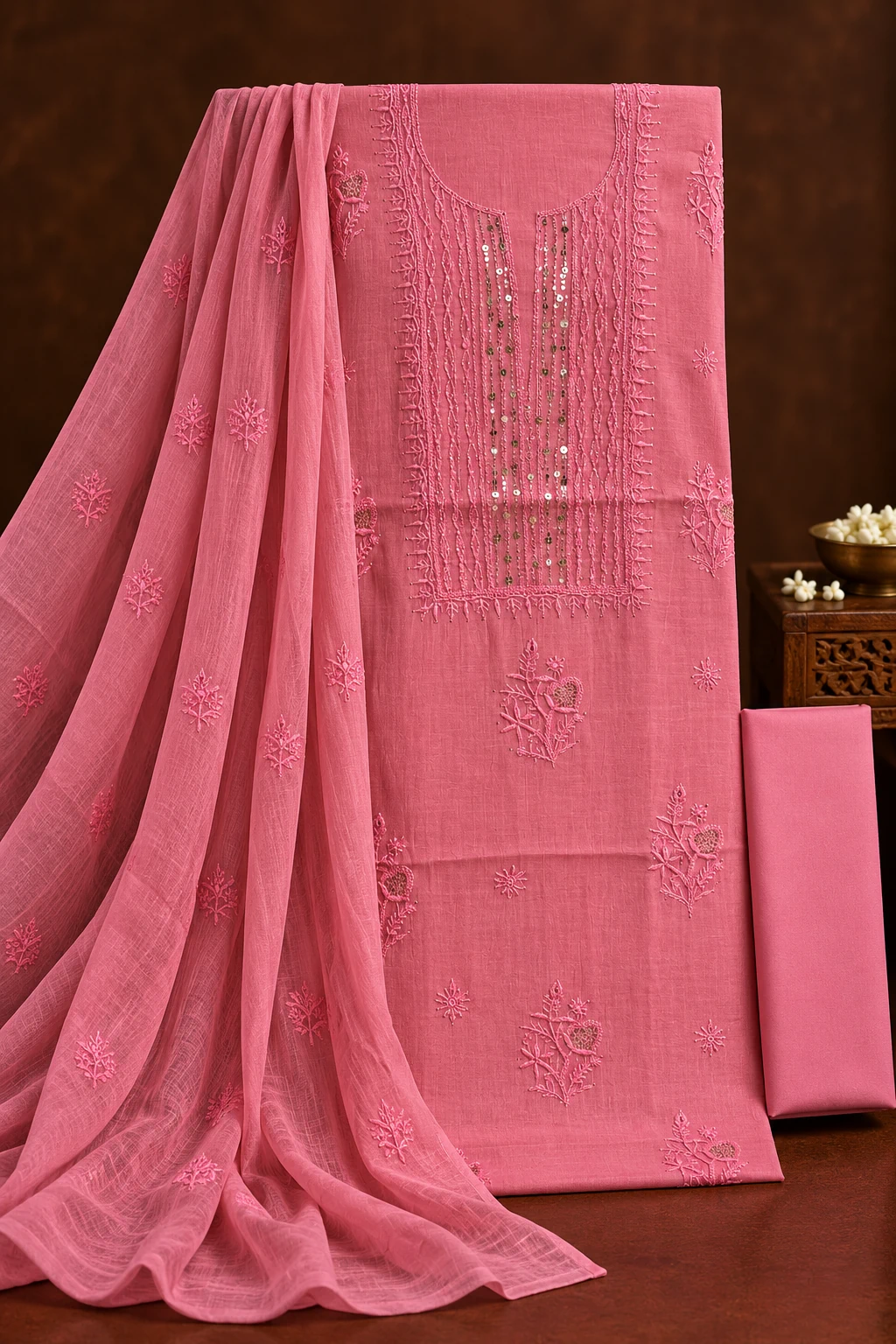 Rose Chanderi Mukaish Unstitched Chikankari Suit - Mul Chanderi Chikankari by Feathers by Priya - Image 2