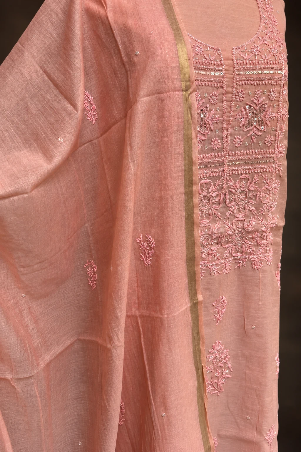 Coral Tone Unstitched Chikankari Suit - Chikankari by Feathers by Priya - Image 3