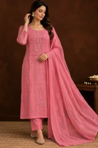 Rose Chanderi Mukaish Unstitched Chikankari Suit - Mul Chanderi Chikankari by Feathers by Priya