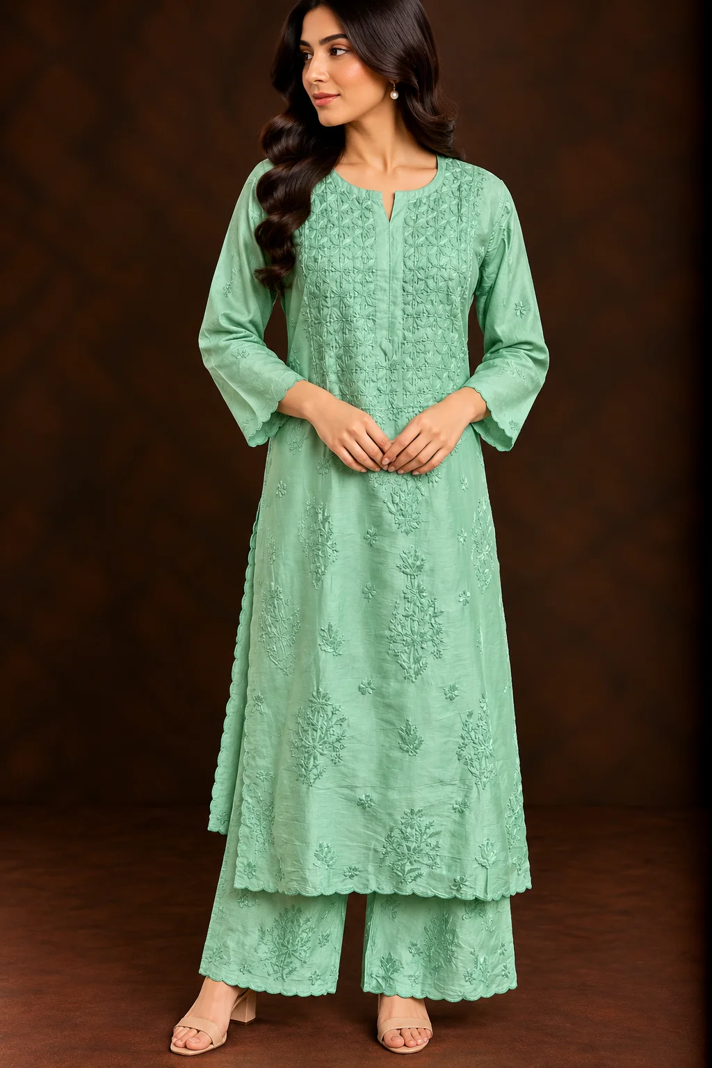 Meadow Frost Chikankari Suit - Chanderi Chikankari 2-Piece Suit Set by Feathers by Priya - Image 3