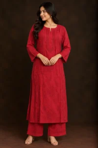 Crimson Crest Chikankari Suit - Mul Chanderi Chikankari 2-Piece Suit Set by Feathers by Priya