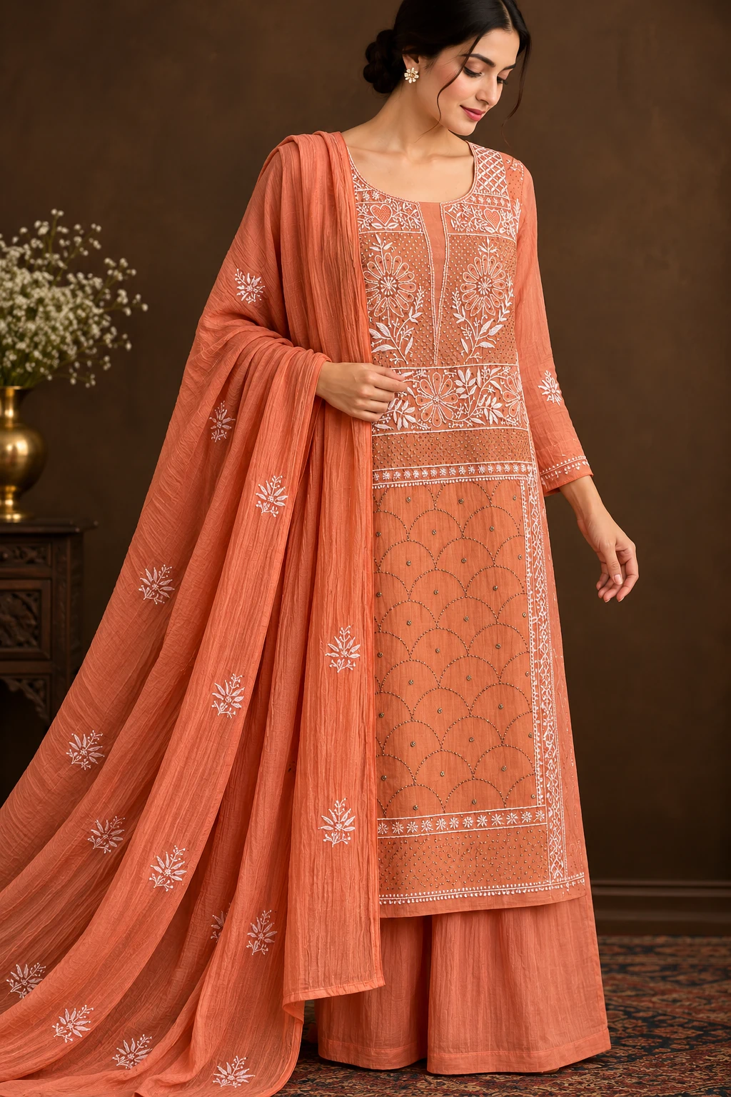 Sunset Orange Chanderi Anarkali Semi-Stitched Chikankari Suit - Mul Chanderi Chikankari by Feathers by Priya