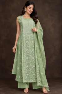 Emerald Chanderi Mukaish & Daraz Semi-Stitched Chikankari Suit - Mul Chanderi Chikankari by Feathers by Priya