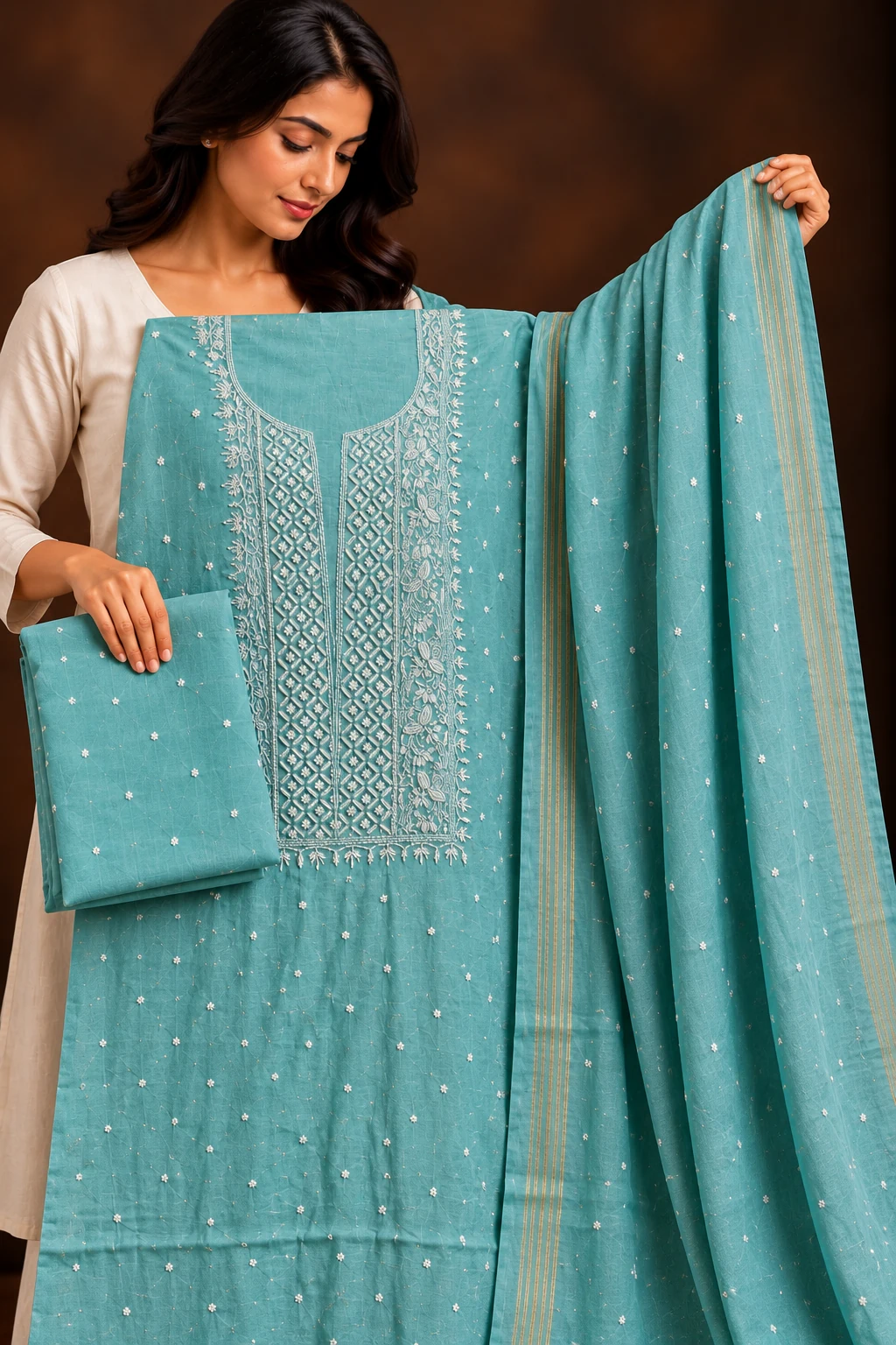 Celestial Pearl Unstitched Chikankari Suit - Mul Chanderi Chikankari by Feathers by Priya - Image 4