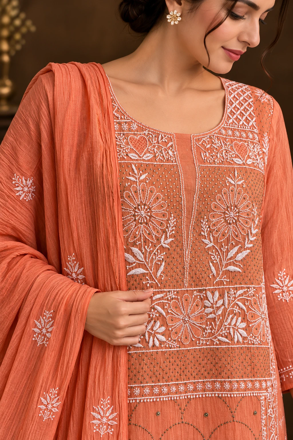 Sunset Orange Chanderi Anarkali Semi-Stitched Chikankari Suit - Mul Chanderi Chikankari by Feathers by Priya - Image 4