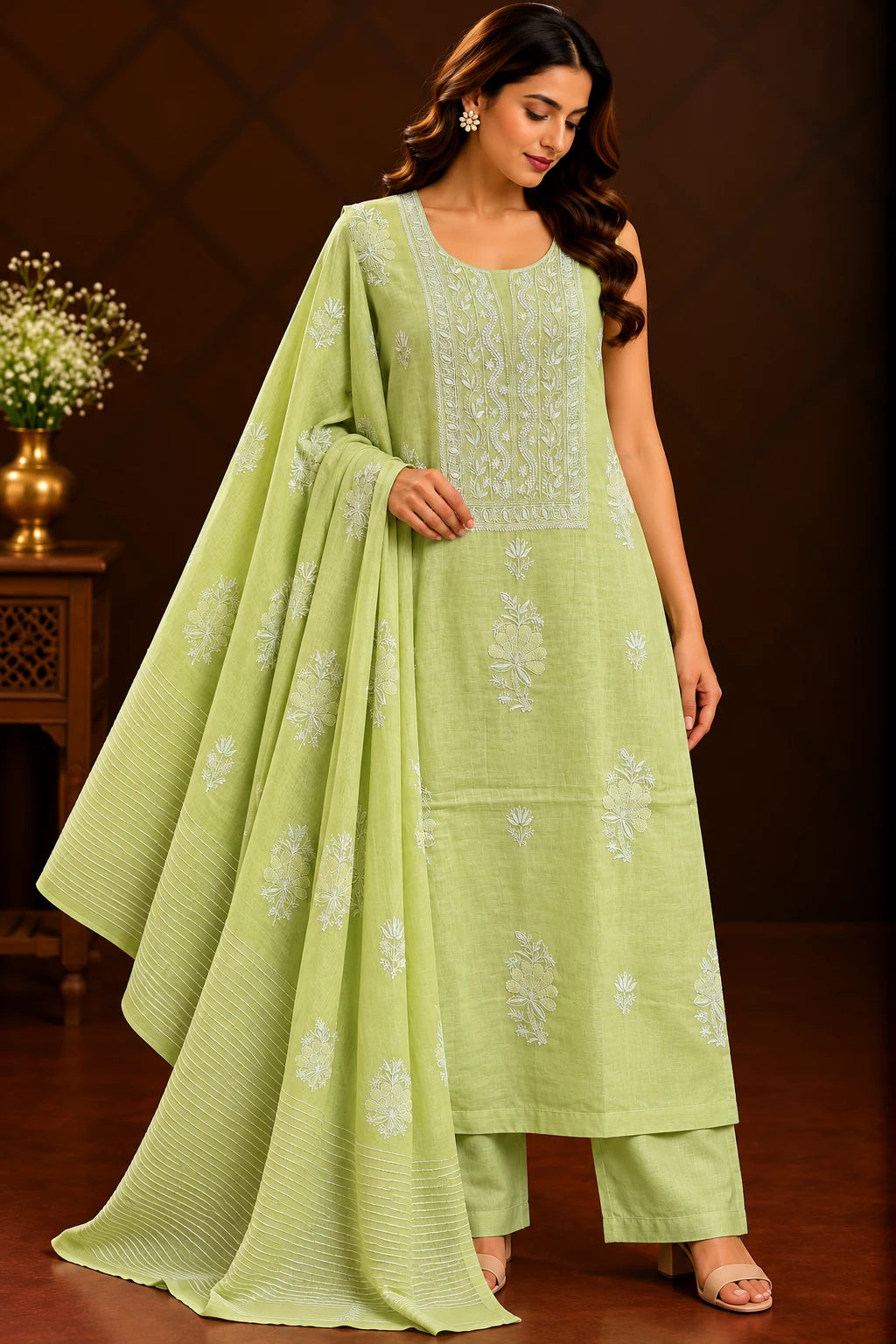 Sage White-Thread Unstitched Chikankari Suit - Chikankari by Feathers by Priya