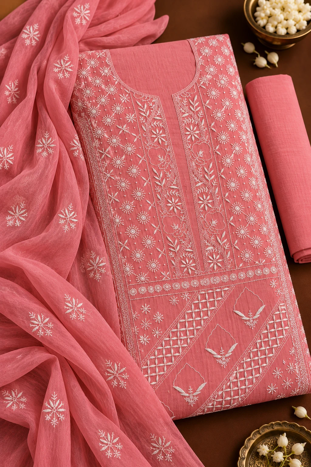 Rose Chanderi Semi-Stitched Chikankari Suit - Mul Chanderi Chikankari by Feathers by Priya - Image 2