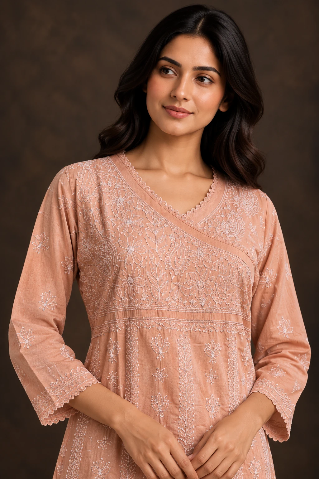 Earthen Angrakha Chikankari Suit - Chikankari 2-Piece Suit Set by Feathers by Priya - Image 5
