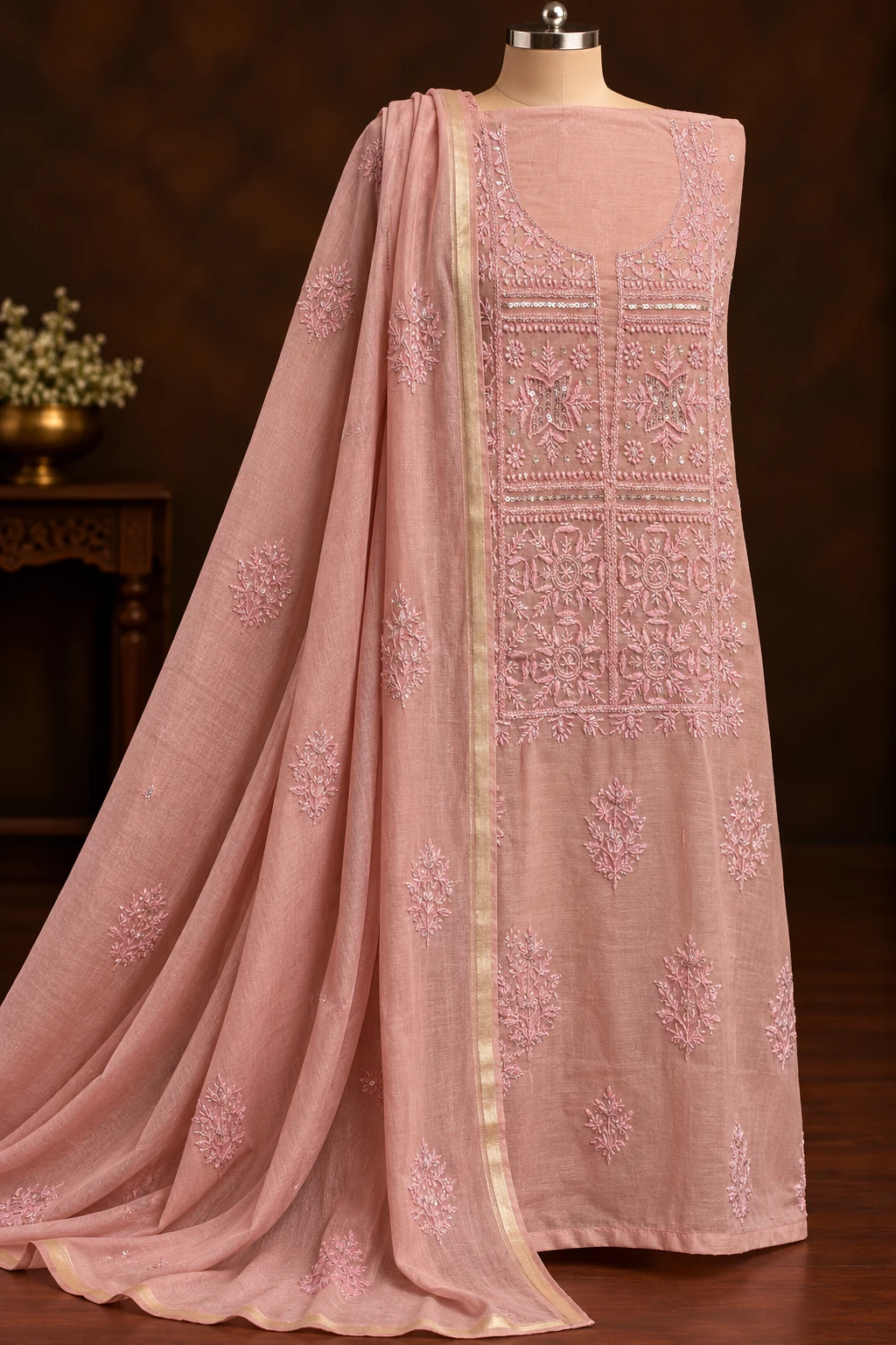 Coral Tone Unstitched Chikankari Suit - Chikankari by Feathers by Priya
