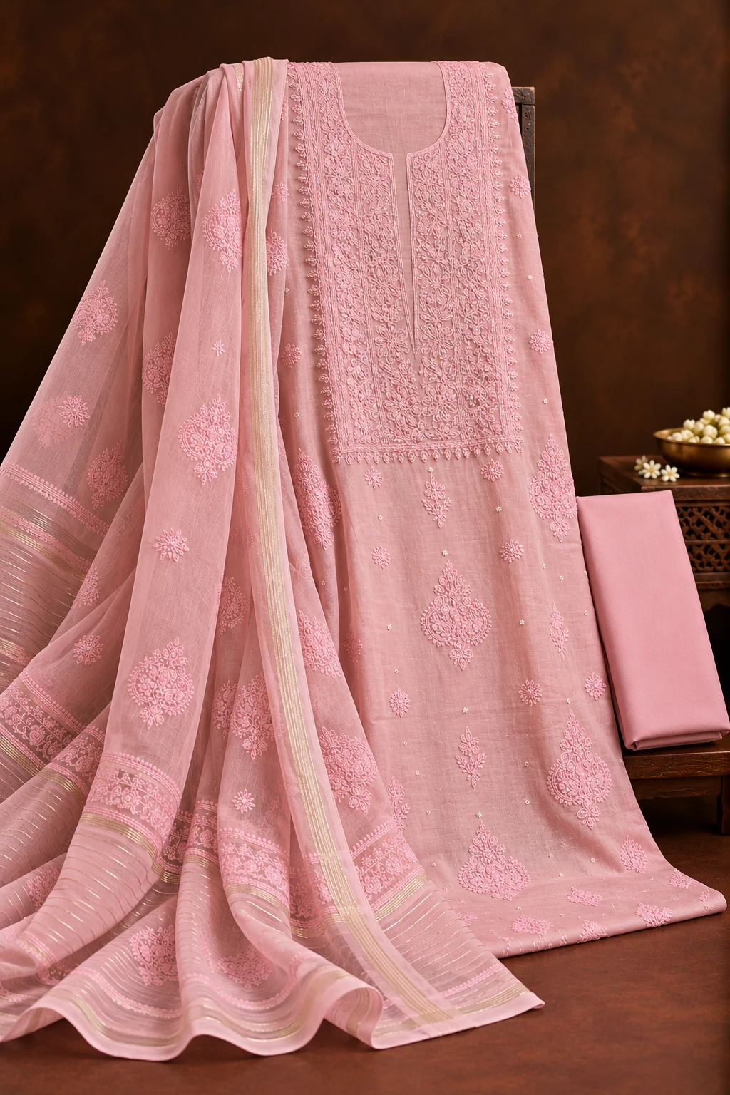 Blush Chanderi Sequins & Pearl Unstitched Chikankari Suit - Mul Chanderi Chikankari by Feathers by Priya - Image 4