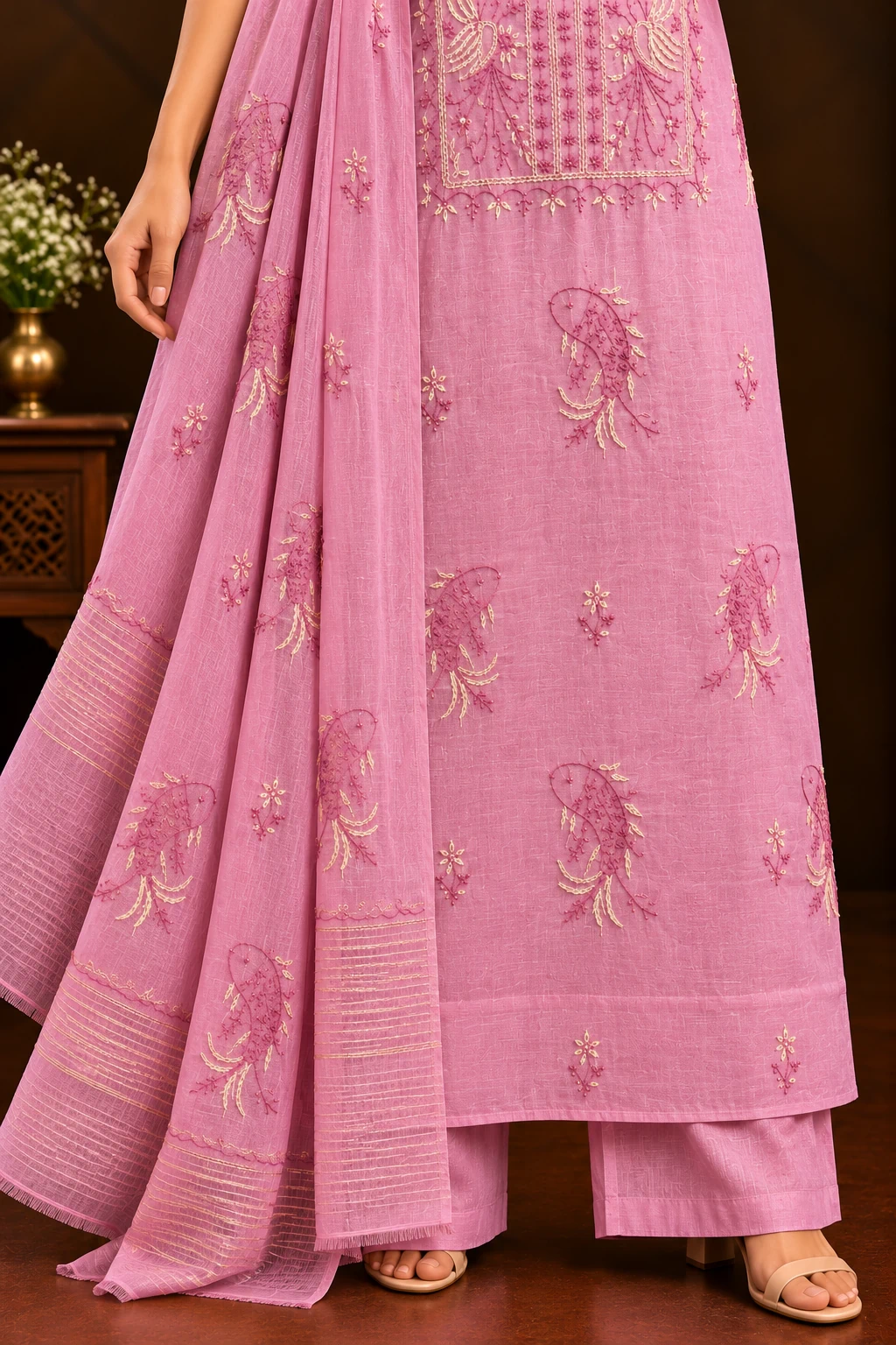 Powder Peach Mulmul Coloured Thread 3-Piece Chikankari Suit - Chikankari by Feathers by Priya - Image 3