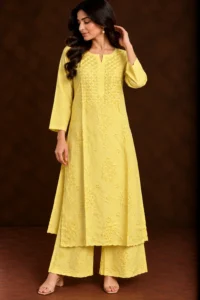 Saffron Bloom Chikankari Suit - Chanderi Chikankari 2-Piece Suit Set by Feathers by Priya - Image 3