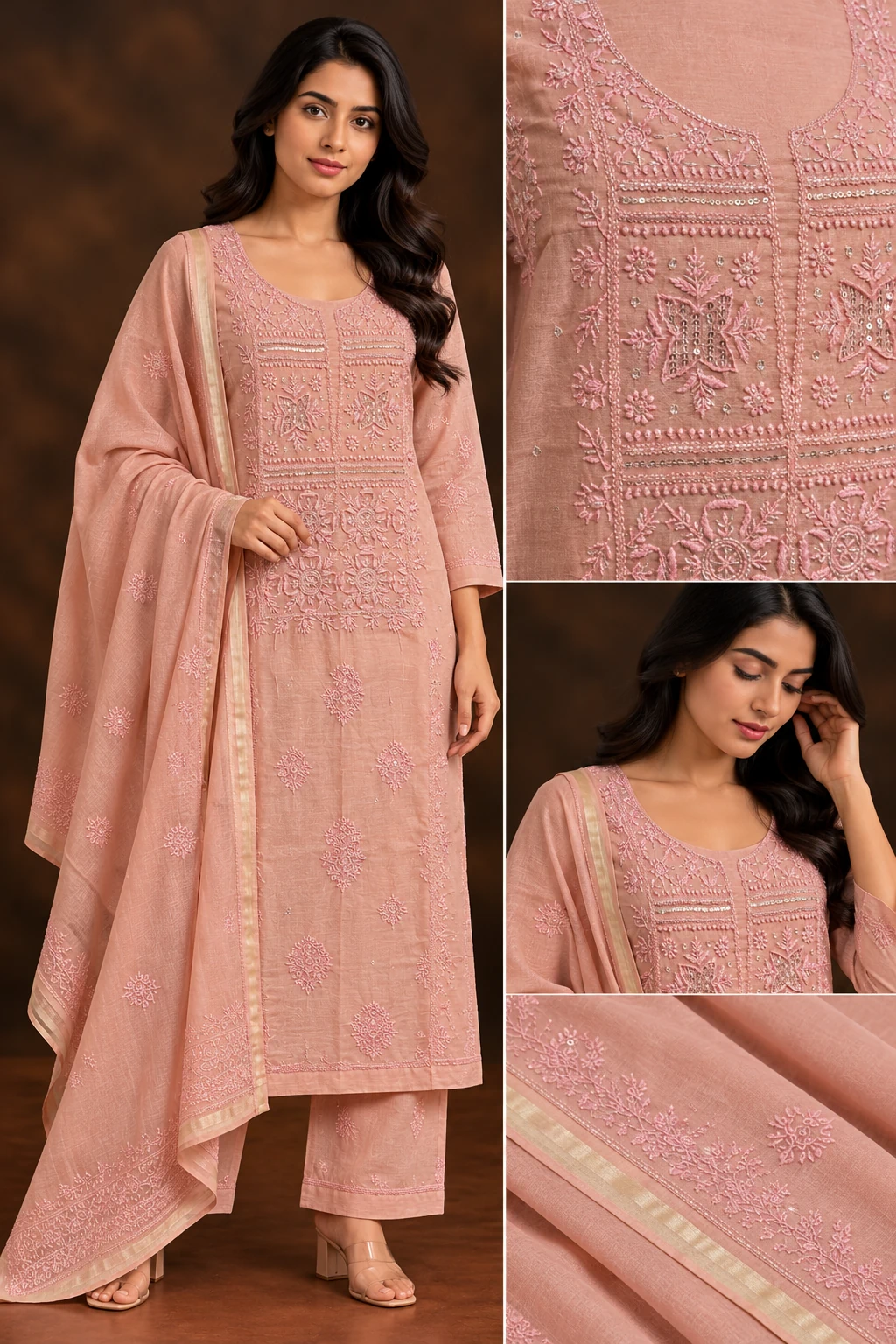 Peach Chanderi Sequins Unstitched Chikankari Suit - Mul Chanderi Chikankari by Feathers by Priya - Image 4