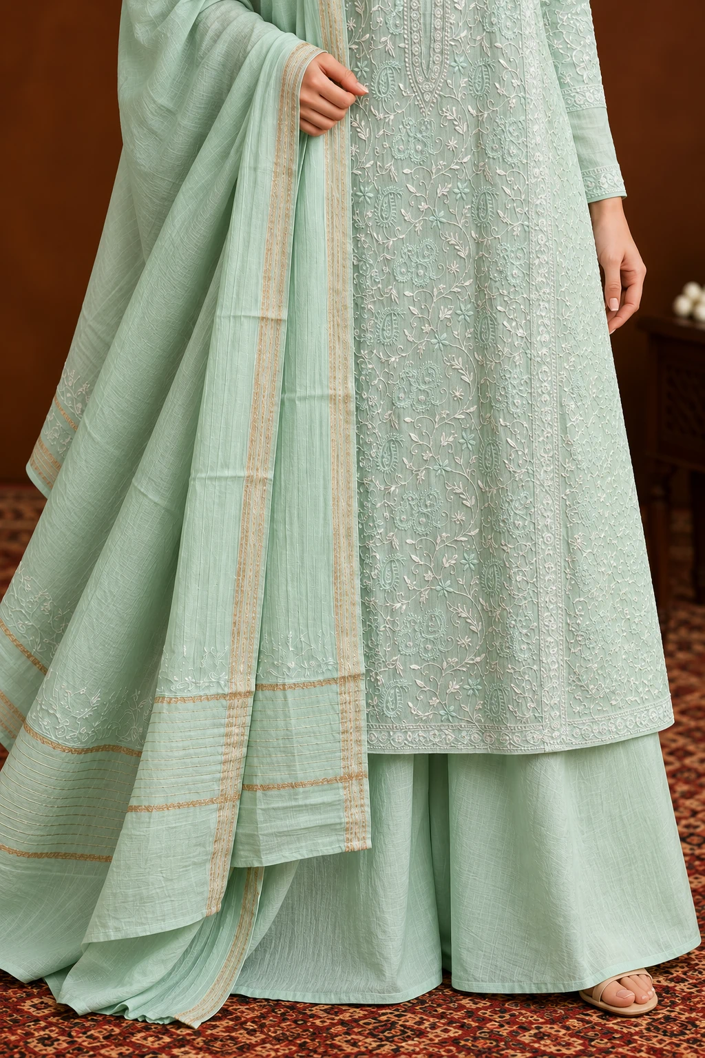 Crimson Chanderi Unstitched Chikankari Suit - Mul Chanderi Chikankari by Feathers by Priya - Image 4