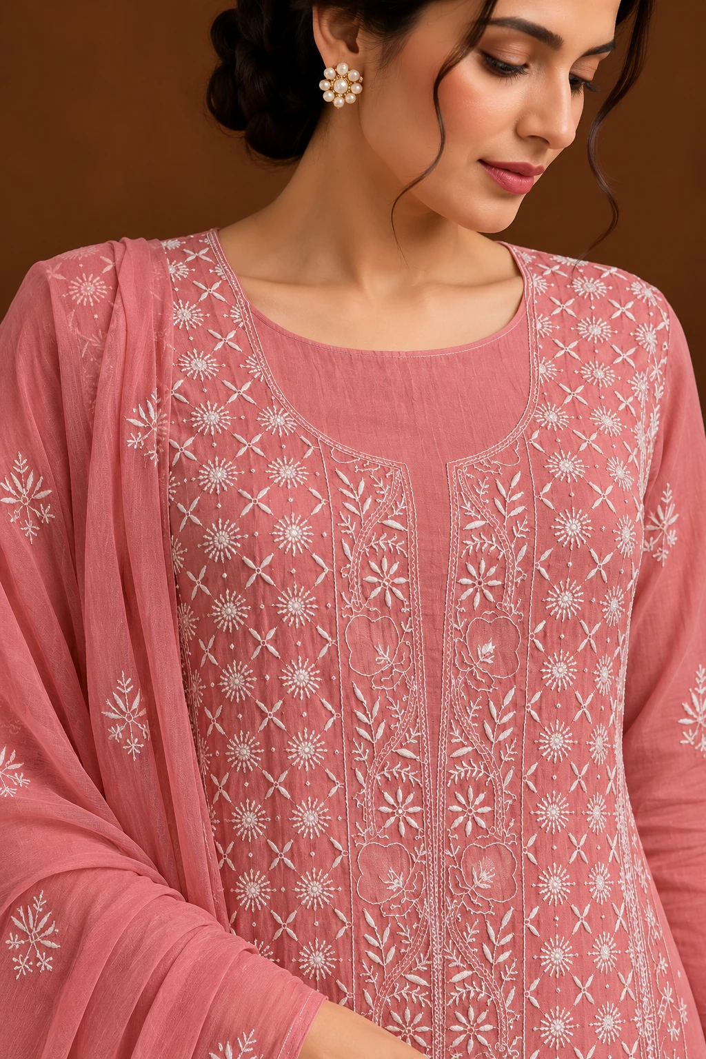 Rose Chanderi Semi-Stitched Chikankari Suit - Mul Chanderi Chikankari by Feathers by Priya - Image 3
