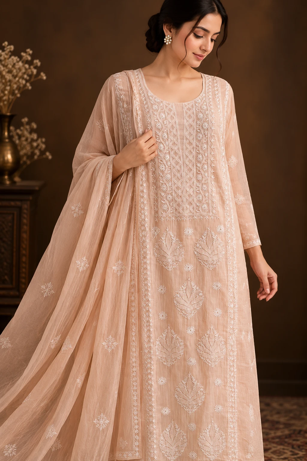 Citrus Chanderi Mukaish Semi-Stitched Chikankari Suit - Mul Chanderi Chikankari by Feathers by Priya - Image 3