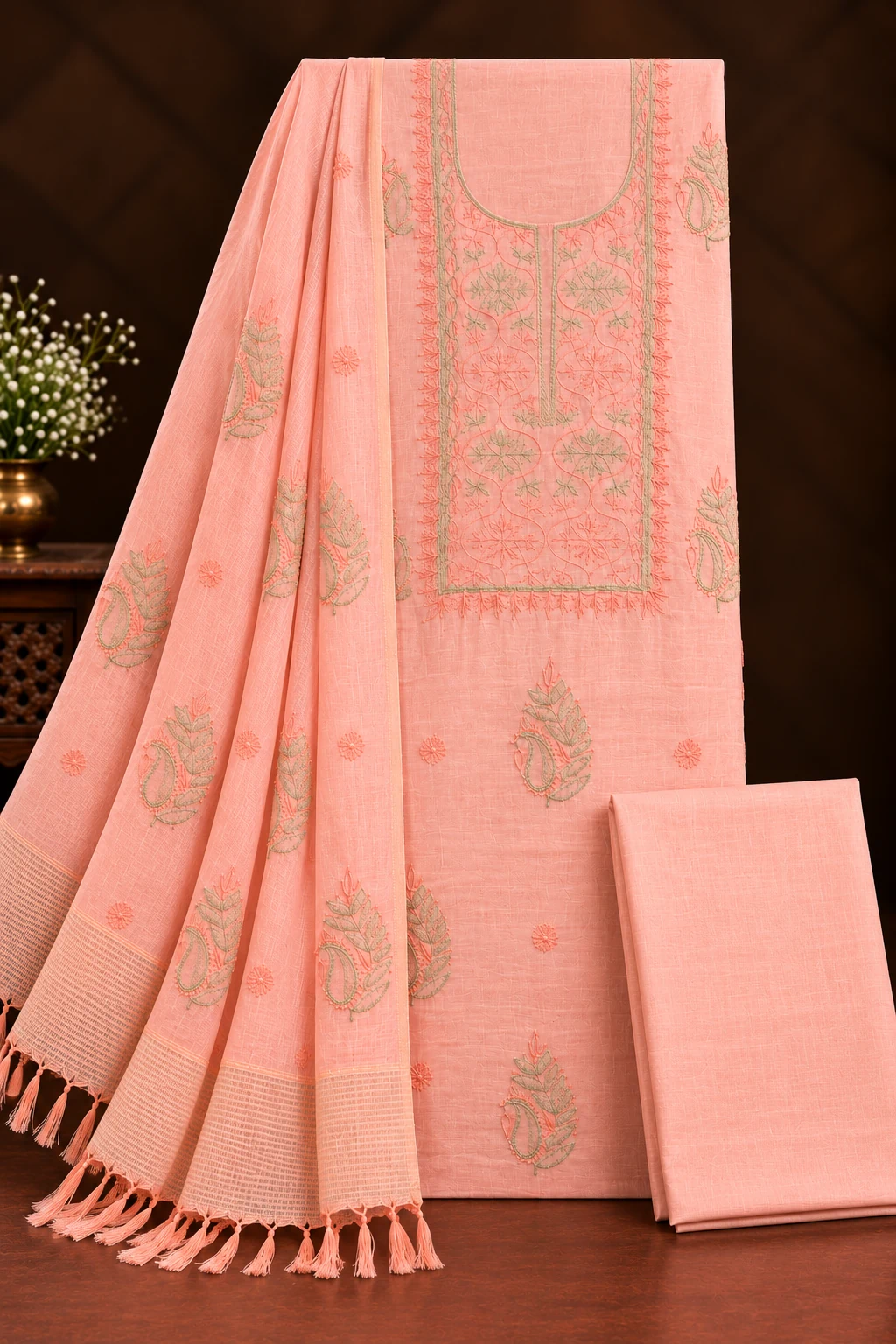 Peach Mulmul Coloured Thread 3-Piece Chikankari Suit - Chikankari by Feathers by Priya - Image 4