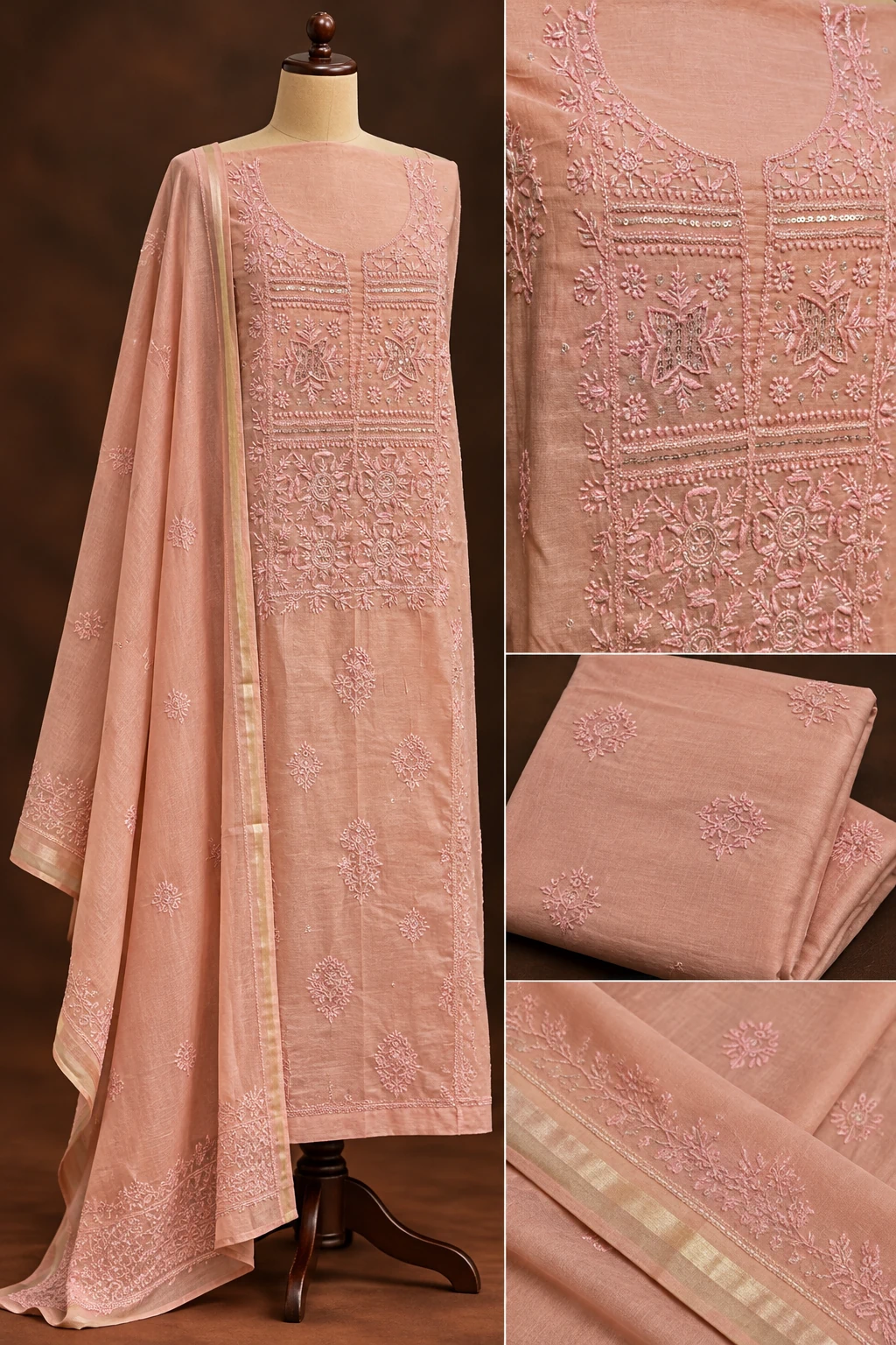 Peach Chanderi Sequins Unstitched Chikankari Suit - Mul Chanderi Chikankari by Feathers by Priya - Image 3